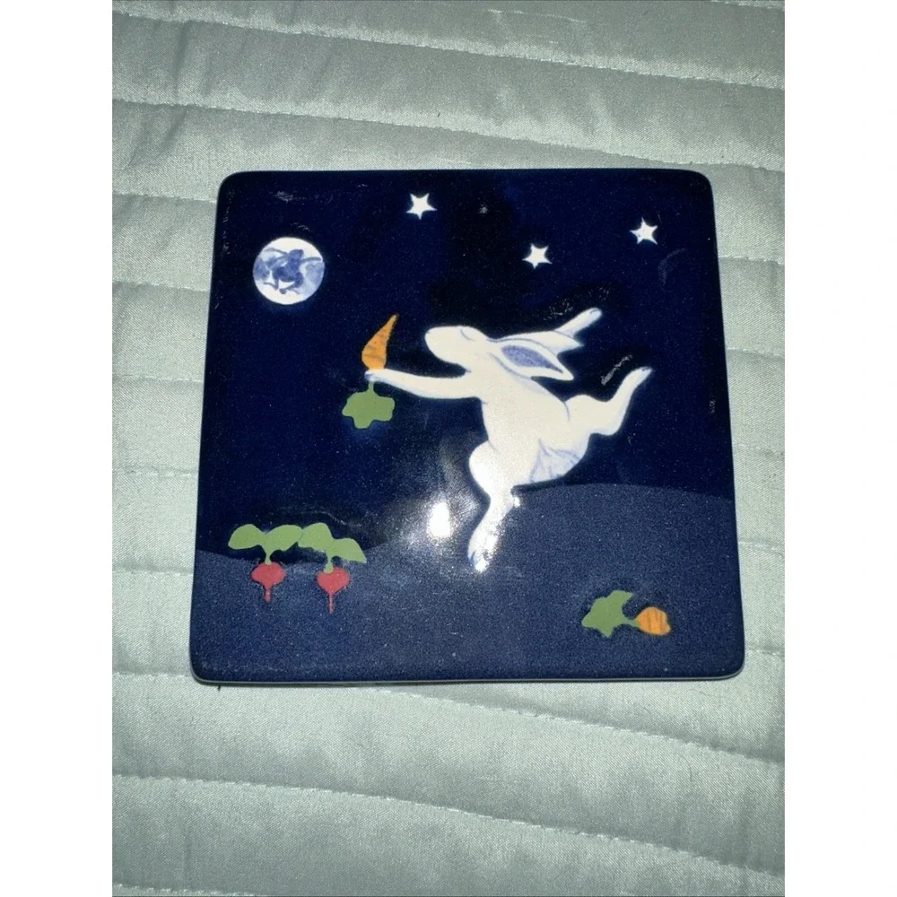 Karen Howell Ceramic Tile Trivet Dancing Rabbit Cobalt Blue Moon 1/4